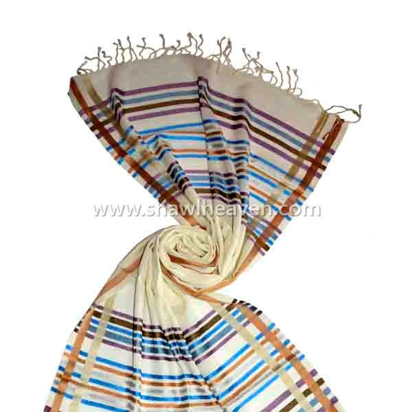 Indian wool stole with colorful silk stripes